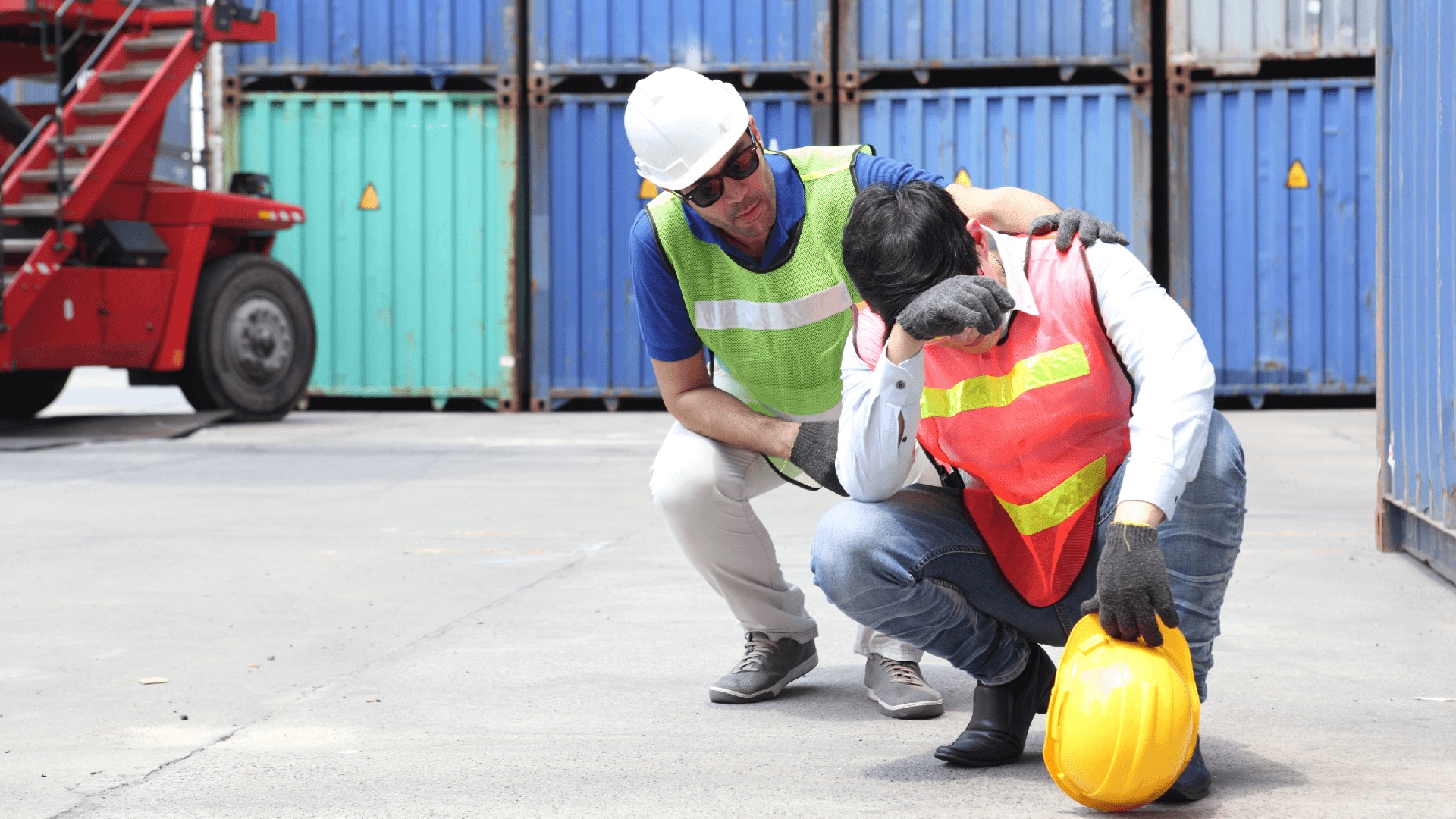 construction worker consoling distraught co-worker