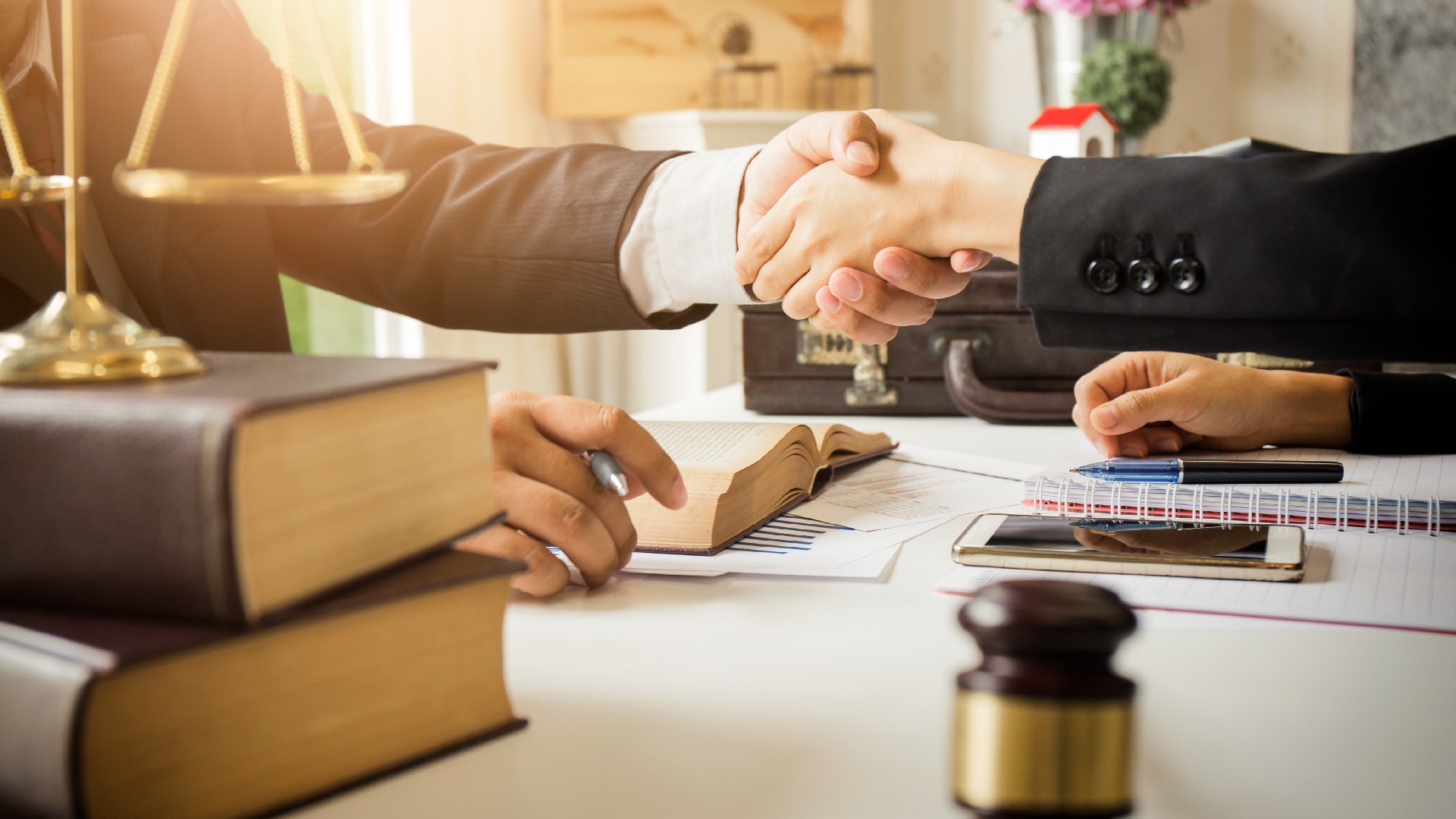 A lawyer shakes hands with a client