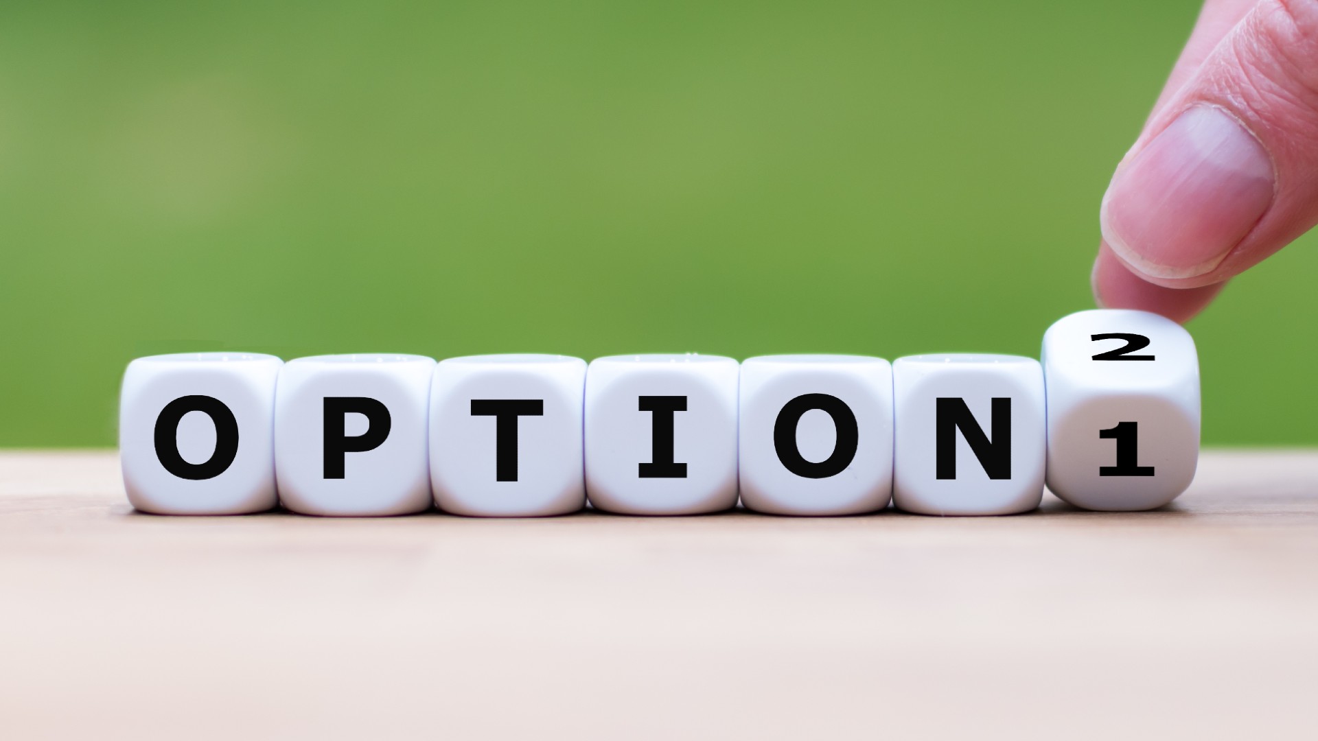 A row of dice labeled “option 1” or “option 2”