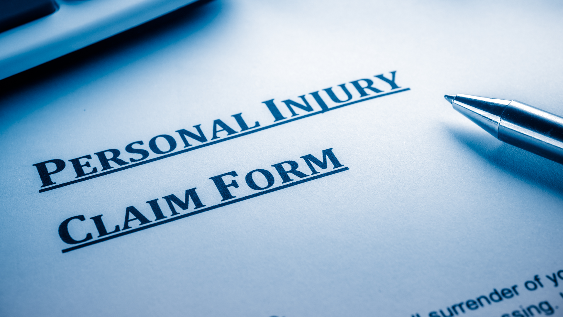 A personal injury claim form with a pen resting on top of it