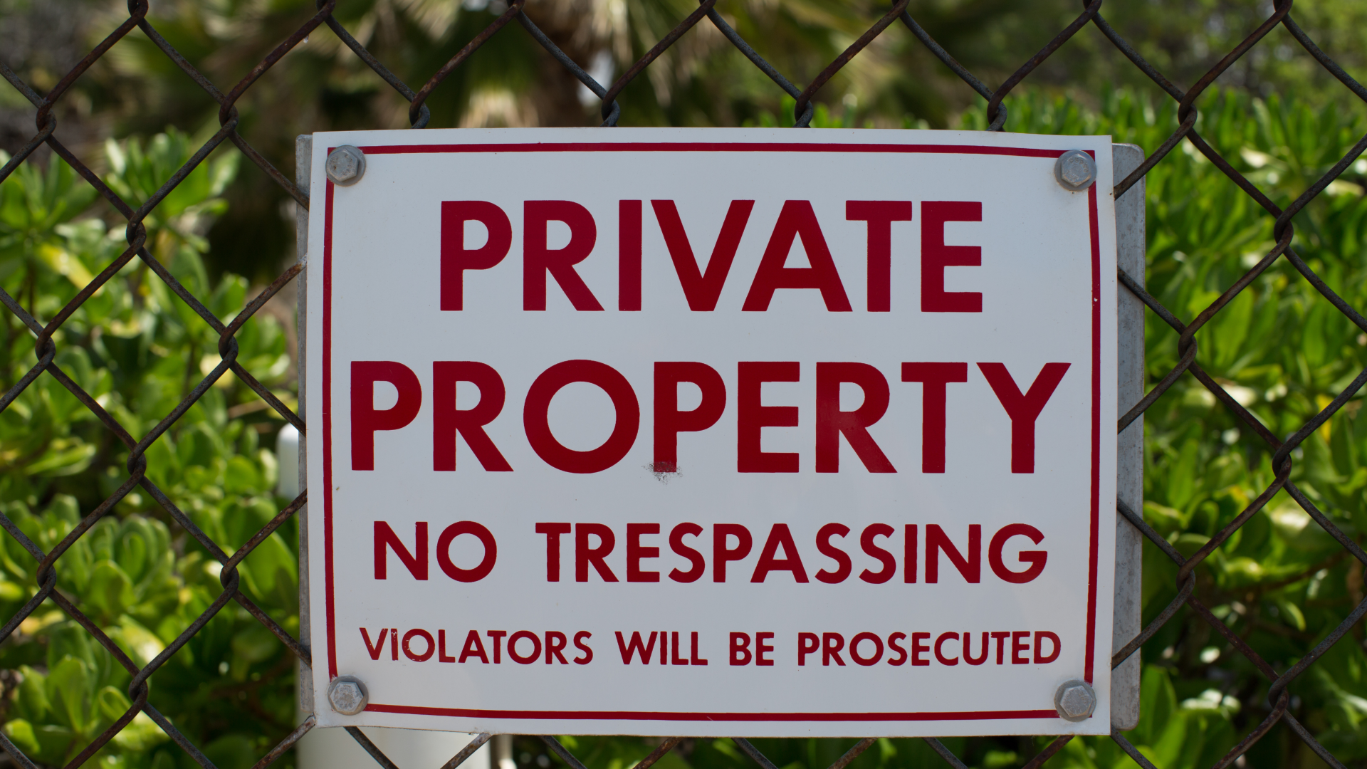 A sign which says private property no trespassing violators will be prosecuted, mounted on a chain-link fence with bush in background